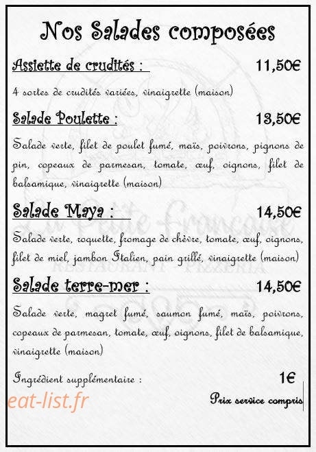 Carte et menu de la petite francaise à Henriville — Les salades