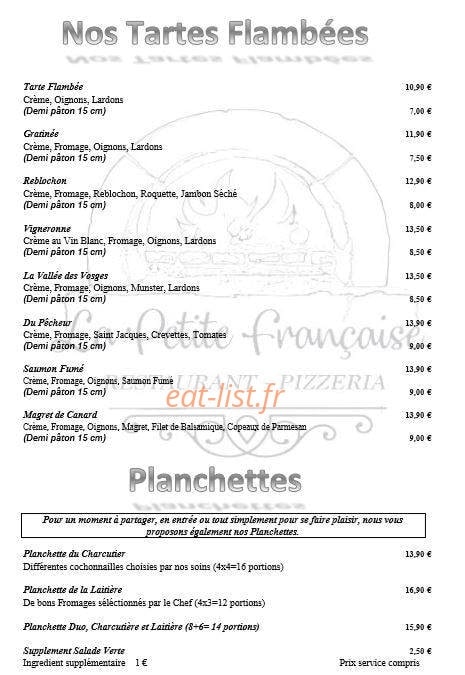 Carte et menu de la petite francaise à Henriville — les tartes flambées
