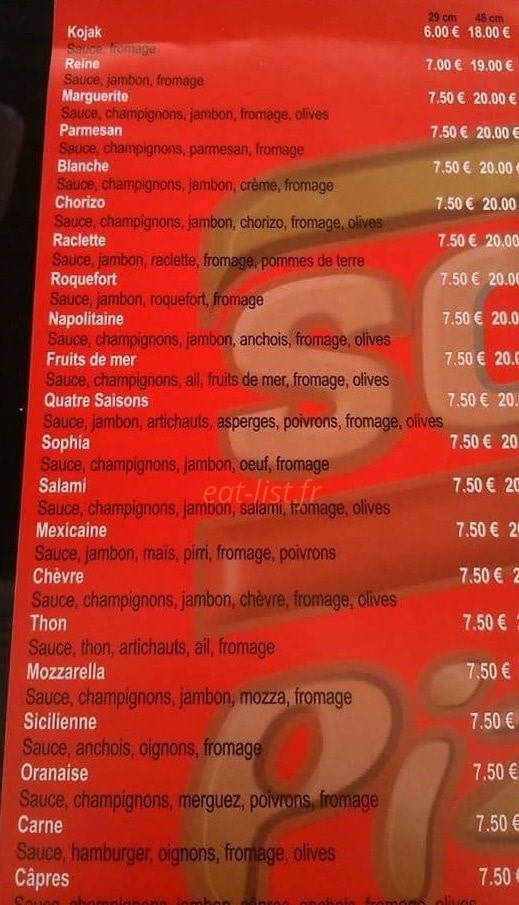 SoS Pizza — carte page 2