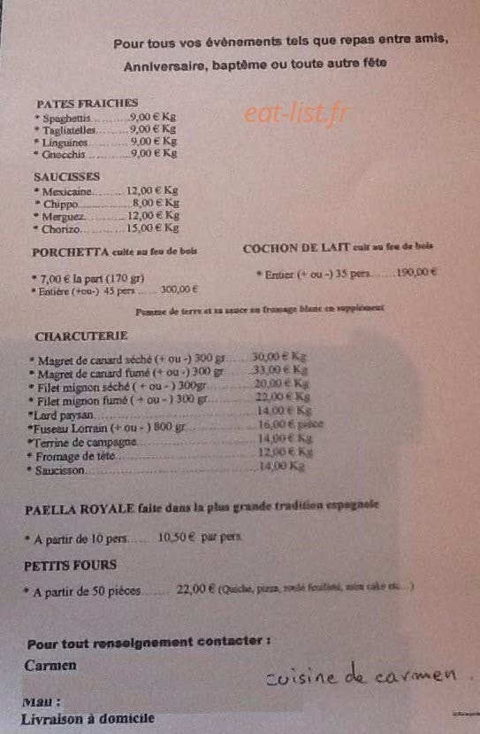 Cuisine de Carmen — carte page 1