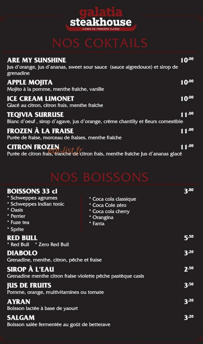 Carte et menu de Galatia Steak House à Talange — Les cocktails et boissons