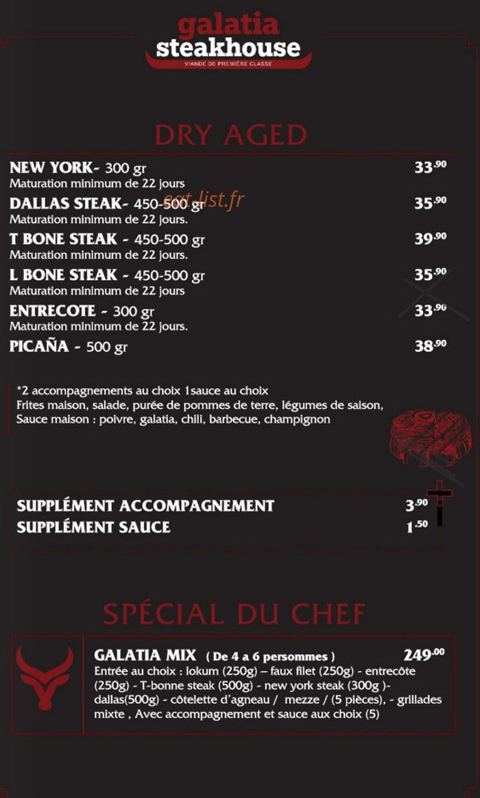 Carte et menu de Galatia Steak House à Talange — Dry aged et spécial