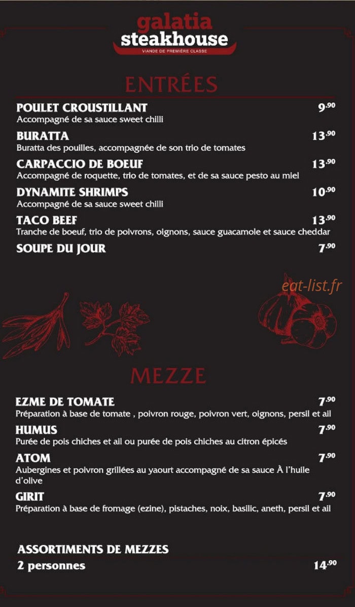 Carte et menu de Galatia Steak House à Talange — Les entrées et mezzes