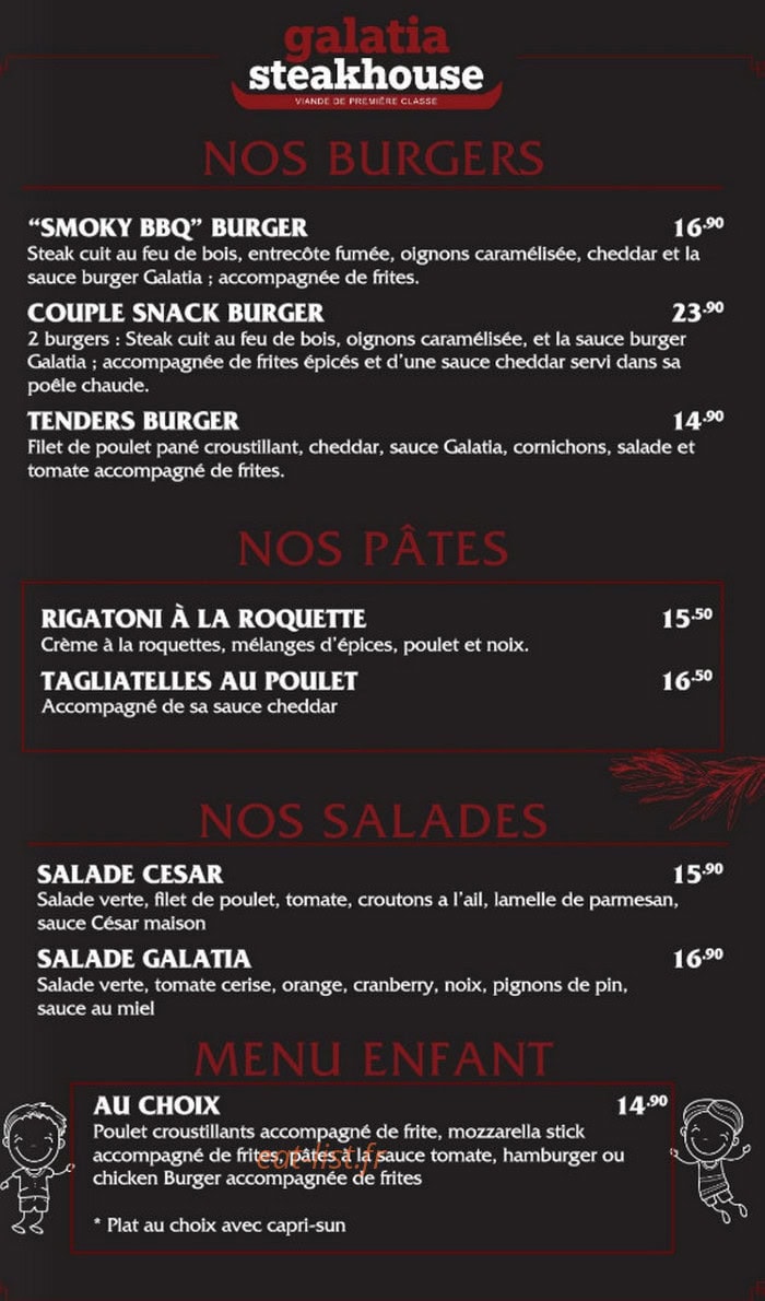 Carte et menu de Galatia Steak House à Talange — Les burgers, pates et salades, ...