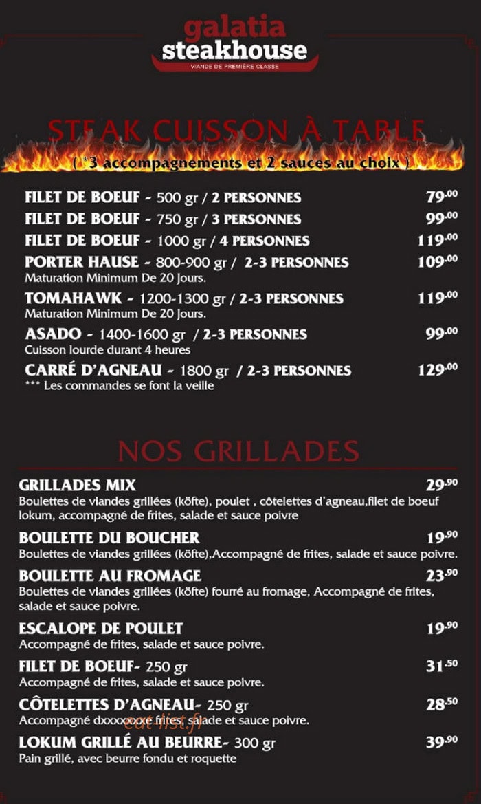 Carte et menu de Galatia Steak House à Talange — Les grillades et steak