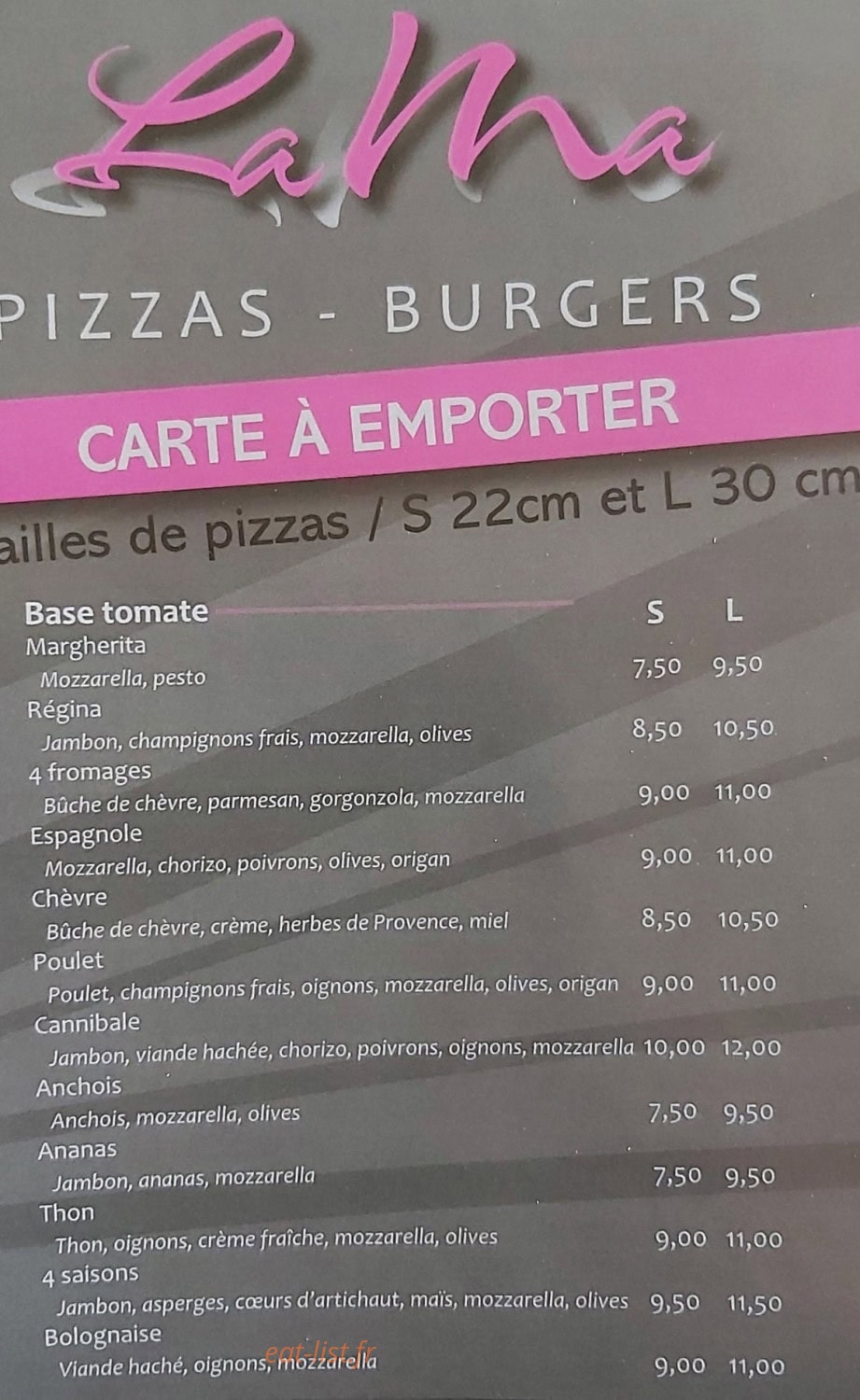 La Ma pizza — carte page 1