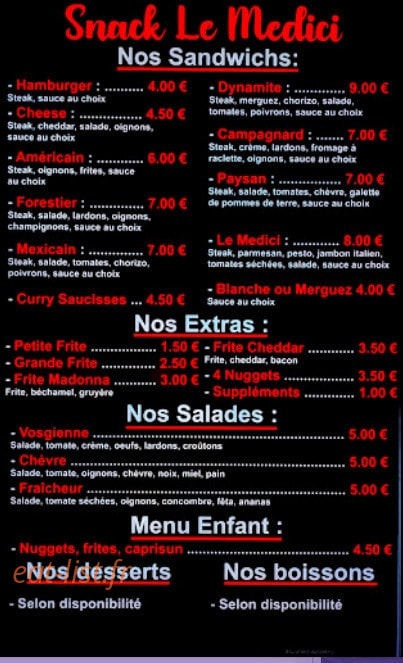 Snack Le Medici — carte page 1