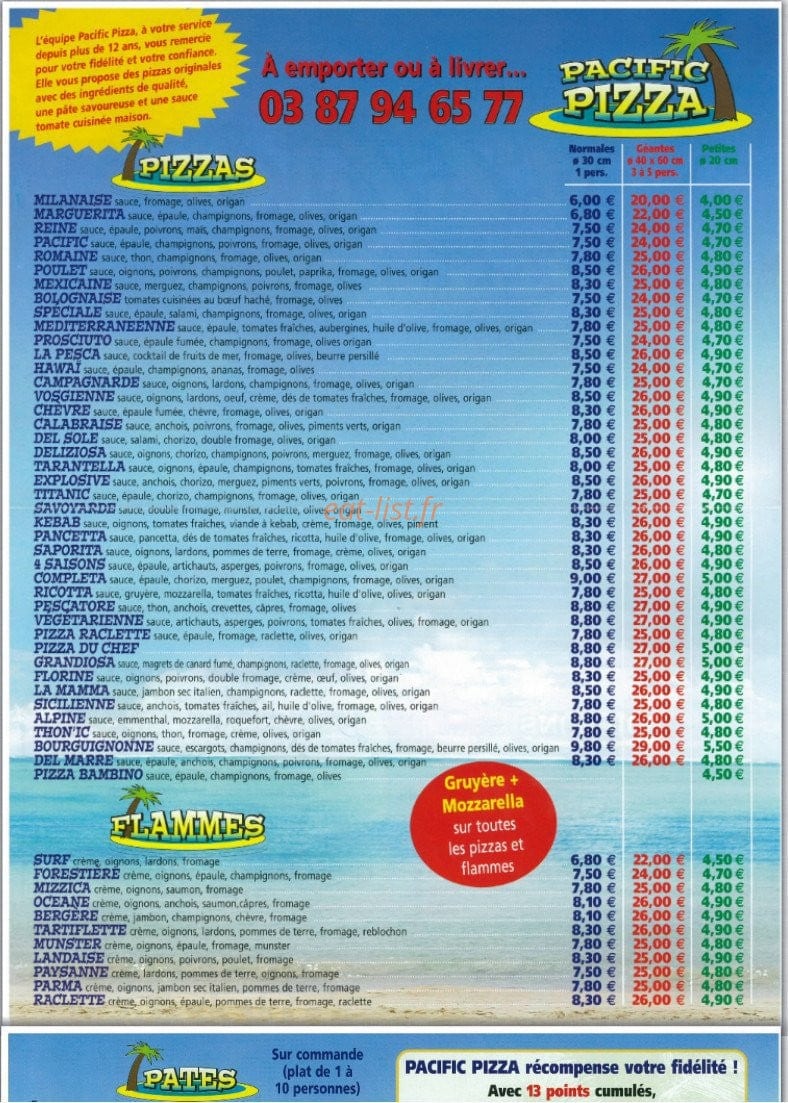 Pacific Pizza — carte page 1