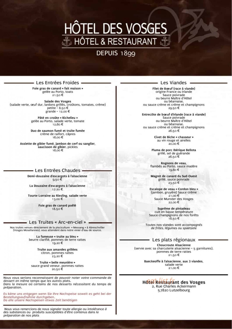Hotel restaurant des Vosges — carte page 2