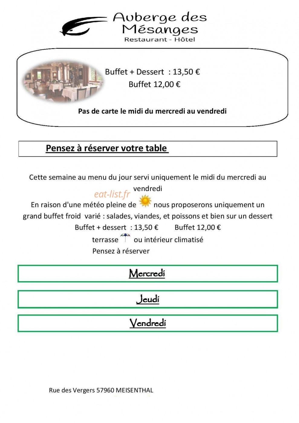 Auberge des Mesanges — carte page 1