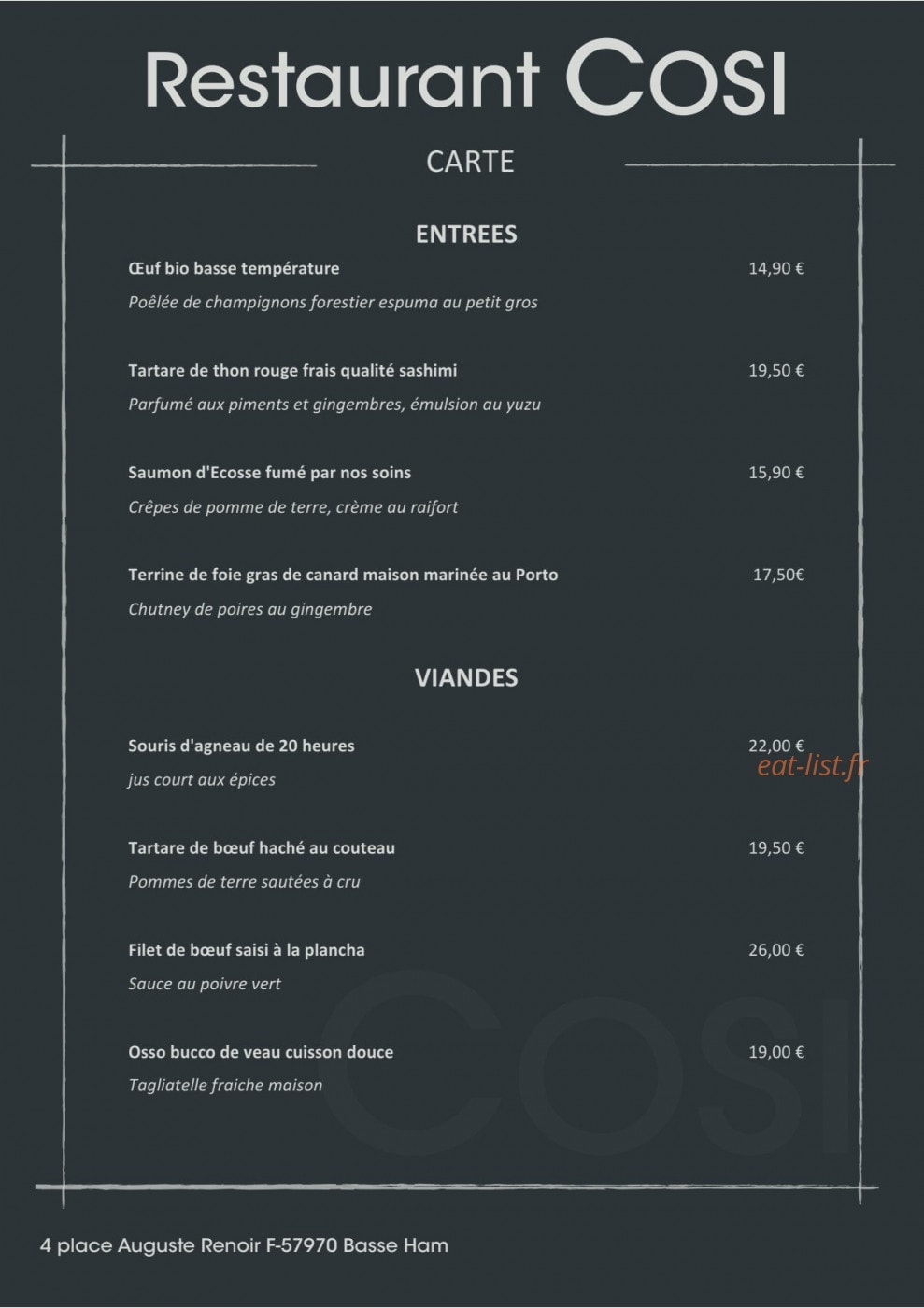 Cosi à Basse Ham - menu et photos