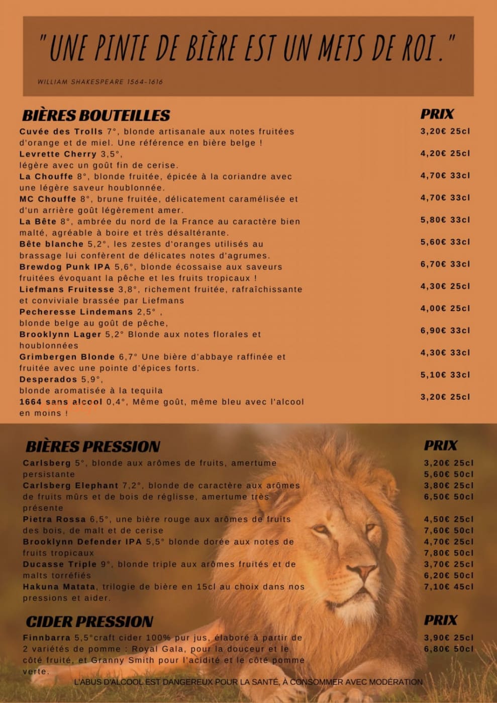 Bar Le Lion d’or — carte page 2