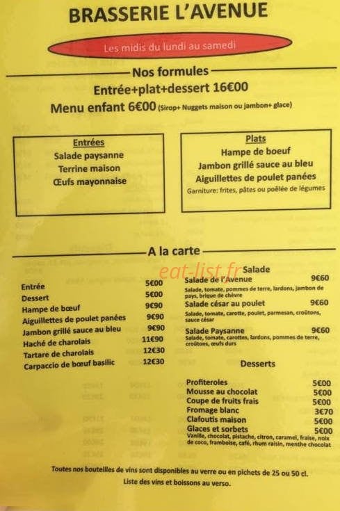 Brasserie De L'avenue — carte page 1