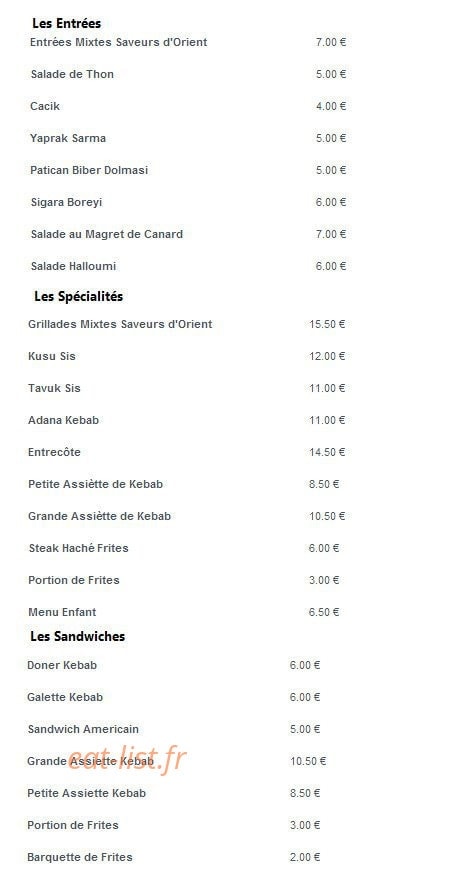 Saveurs d'Orient — carte page 1