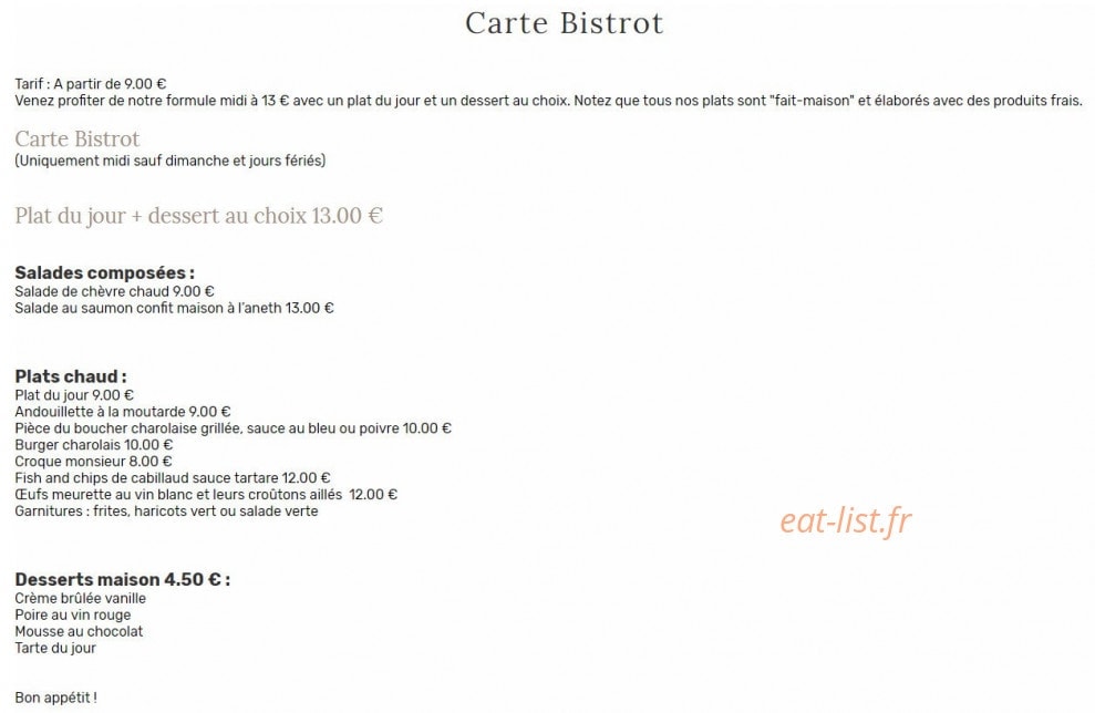 Carte et menu de Au Vieux Morvan à Chateau Chinon Ville — Côté bistrot