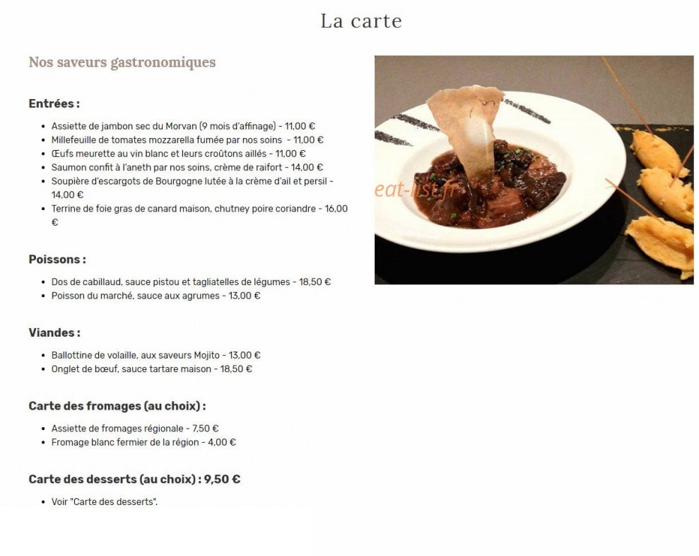 Carte et menu de Au Vieux Morvan à Chateau Chinon Ville — Entrées, poissons, viandes,....