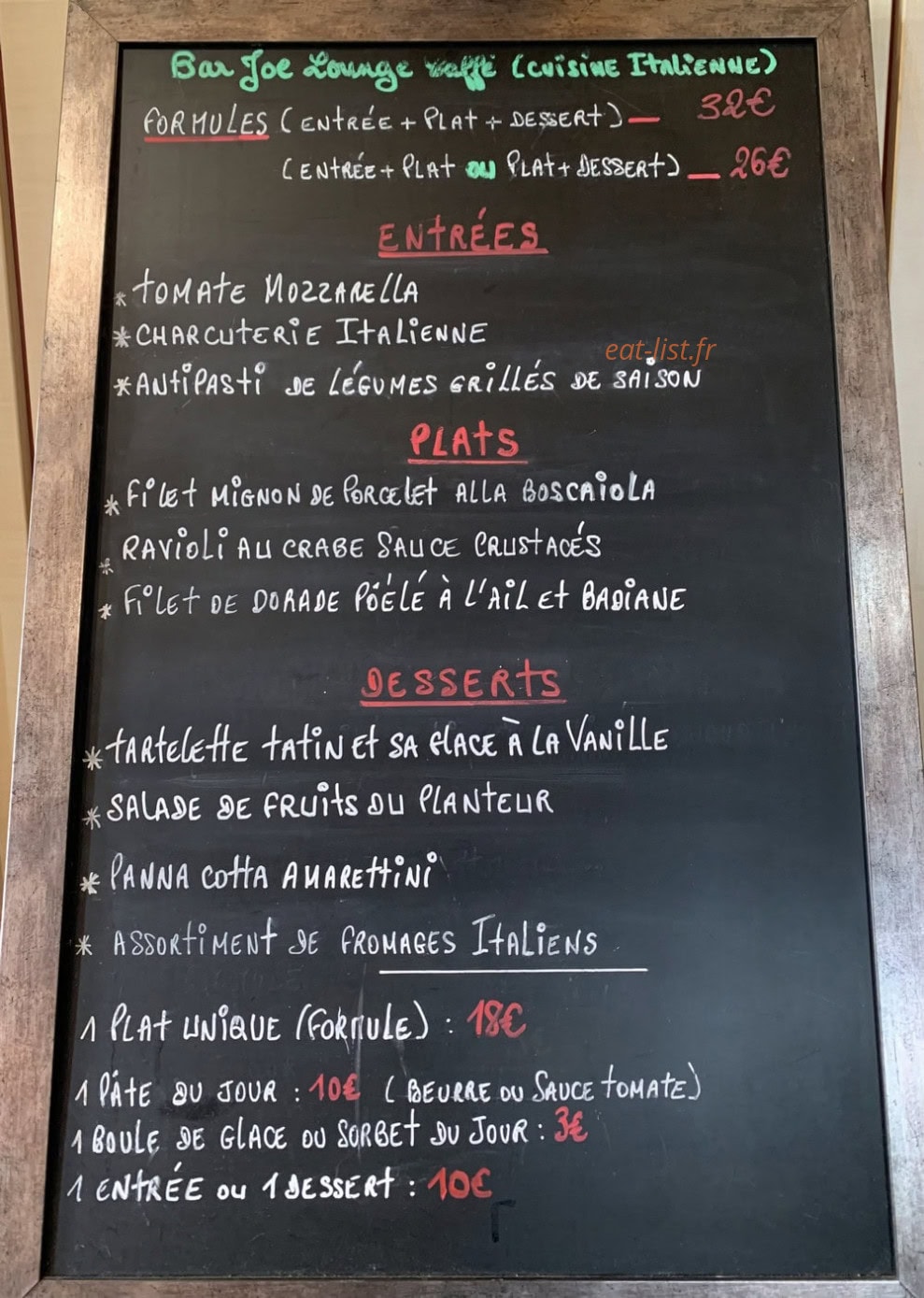 Bar Joe Lounge Caffe — carte page 1