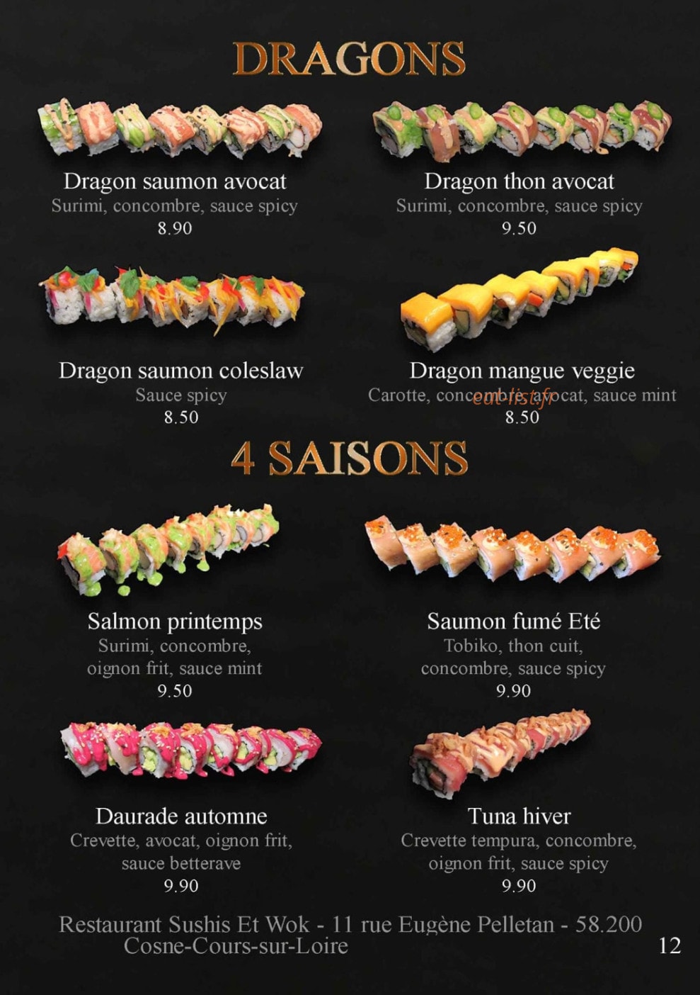 Carte et menu de Sushis et Wok à Cosne Cours sur Loire — Les dragons et 4 saisons