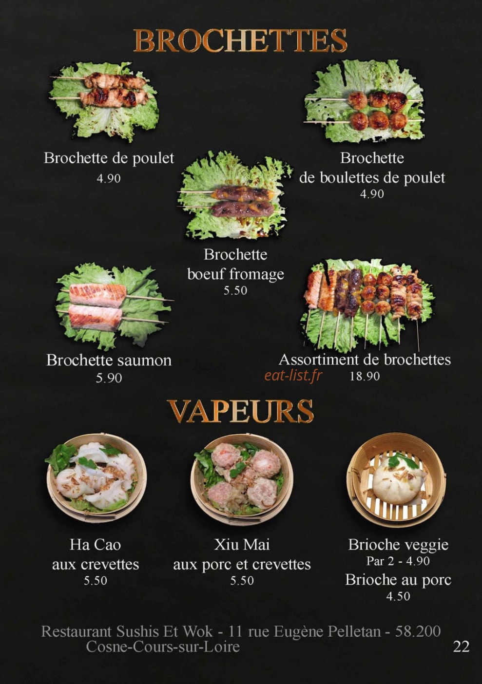 Carte et menu de Sushis et Wok à Cosne Cours sur Loire — Les brochettes et vapeurs