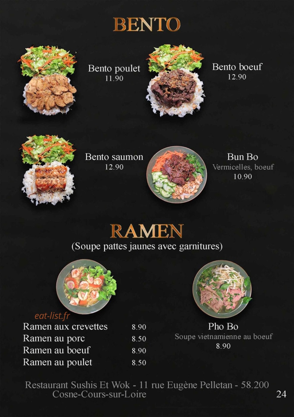 Carte et menu de Sushis et Wok à Cosne Cours sur Loire — Les bento et ramens