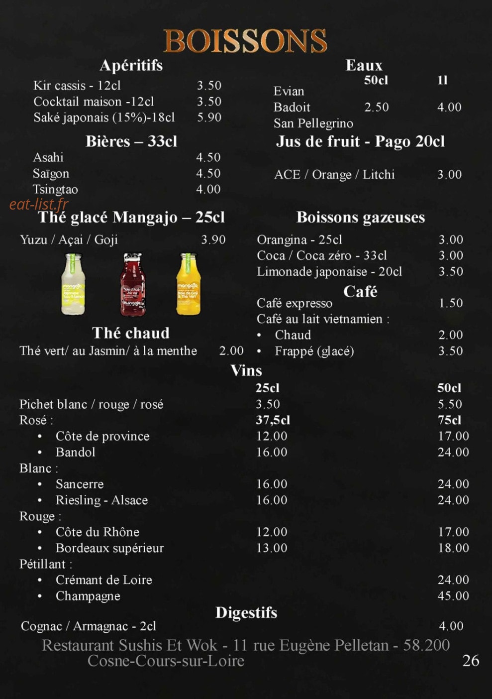 Carte et menu de Sushis et Wok à Cosne Cours sur Loire — Les boissons