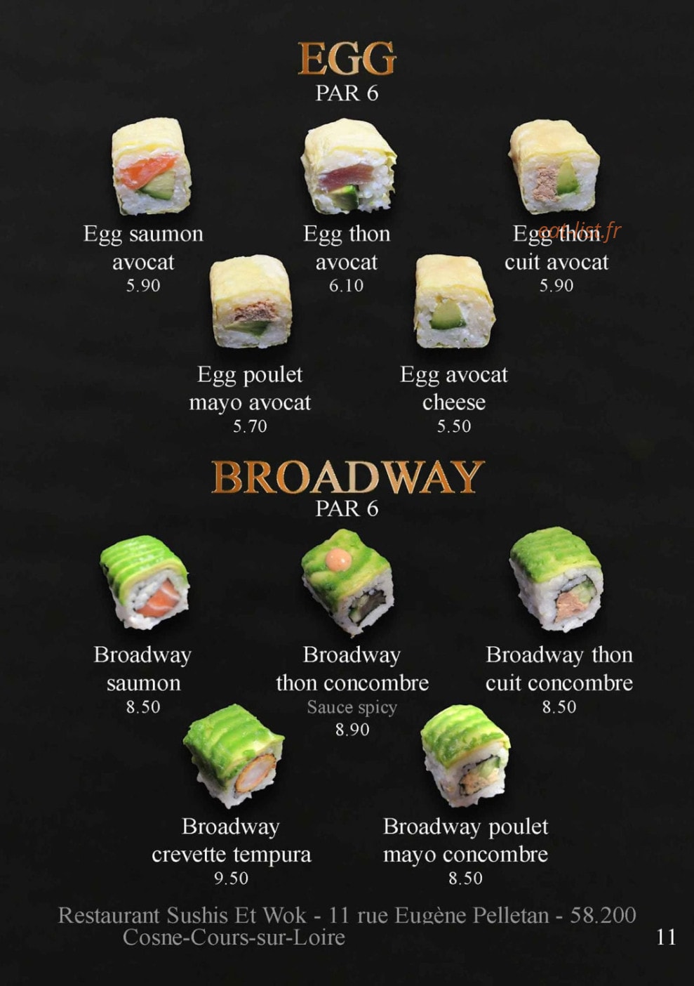 Carte et menu de Sushis et Wok à Cosne Cours sur Loire — Les Egg et Broadway