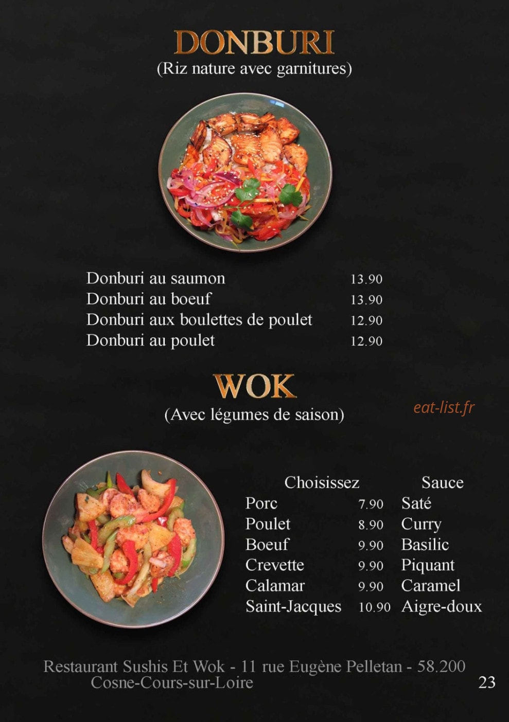 Carte et menu de Sushis et Wok à Cosne Cours sur Loire — Les donburi et woks