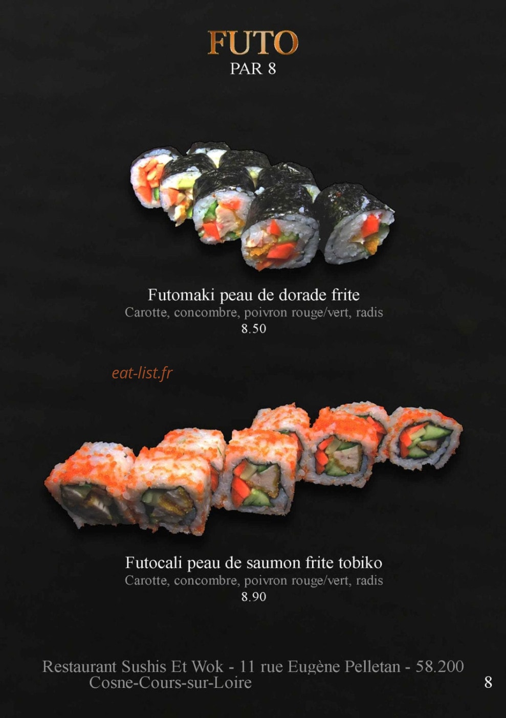 Carte et menu de Sushis et Wok à Cosne Cours sur Loire — Les futos