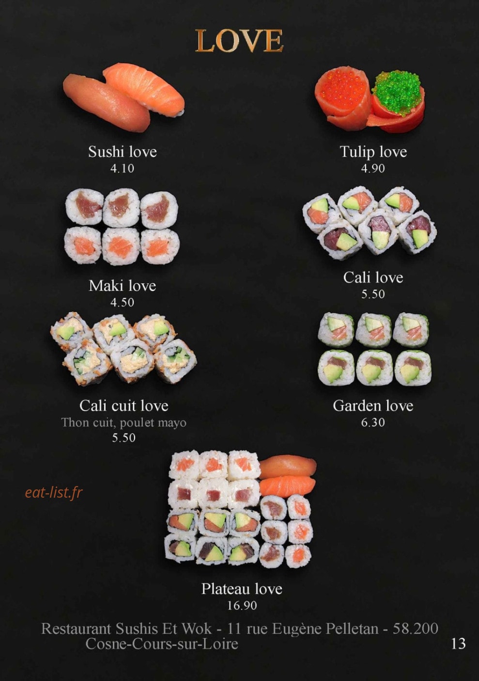 Carte et menu de Sushis et Wok à Cosne Cours sur Loire — Les love