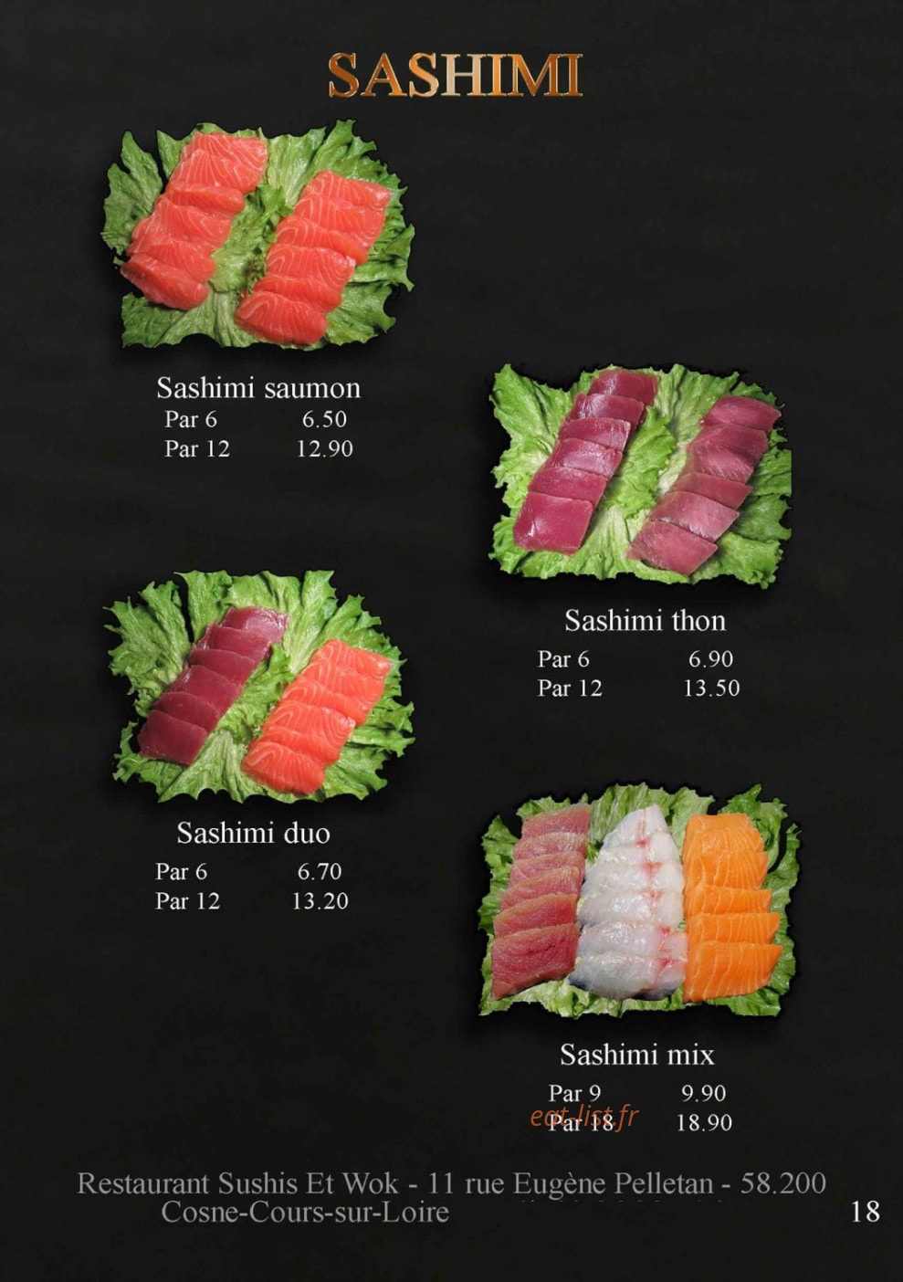 Carte et menu de Sushis et Wok à Cosne Cours sur Loire — Les sashimis