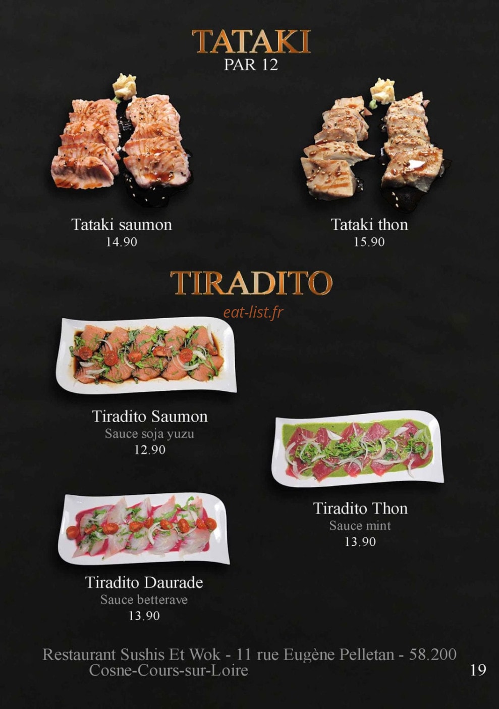 Carte et menu de Sushis et Wok à Cosne Cours sur Loire — Les tatakis et tiratido