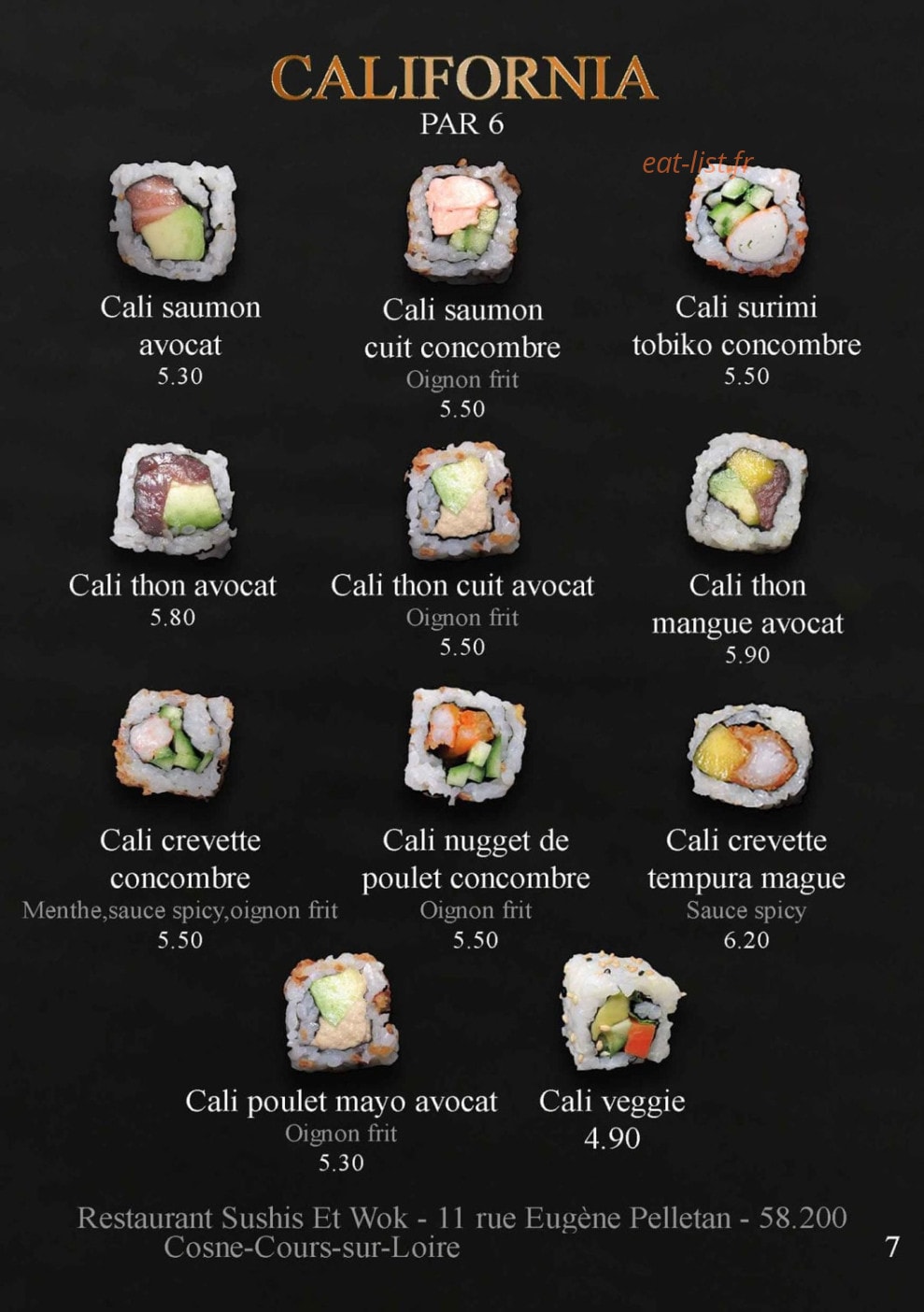 Carte et menu de Sushis et Wok à Cosne Cours sur Loire — Les californias