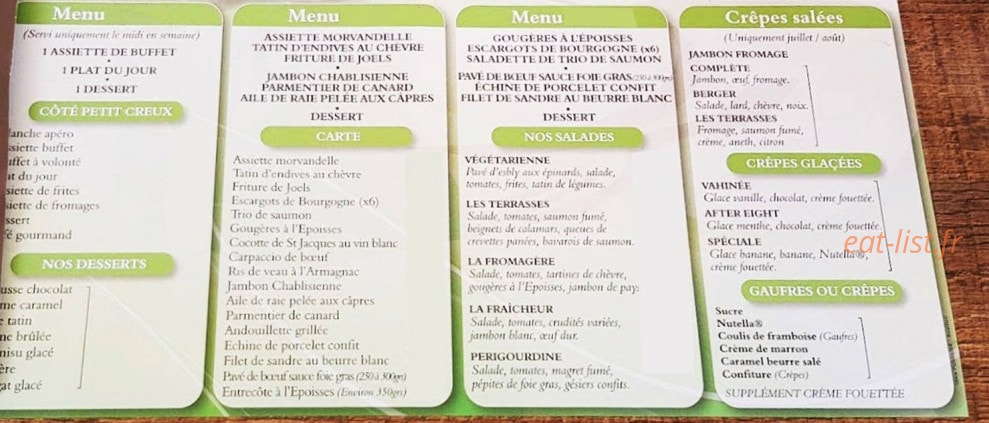 Carte et menu de Les Terrasses du lac Des Settons à Montsauche les Settons — La carte