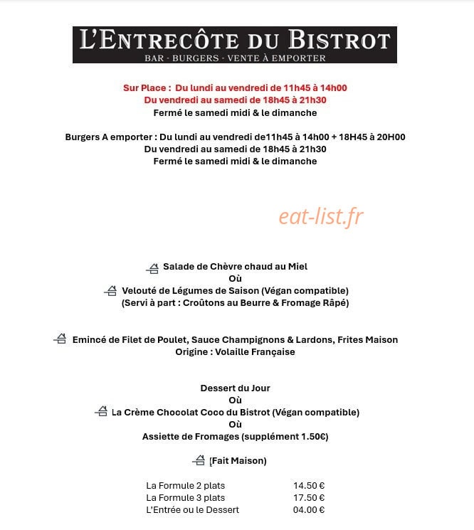 L'Entrecôte du Bistrot — carte page 1