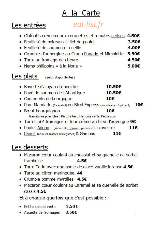 Brasserie des Bains — carte page 1