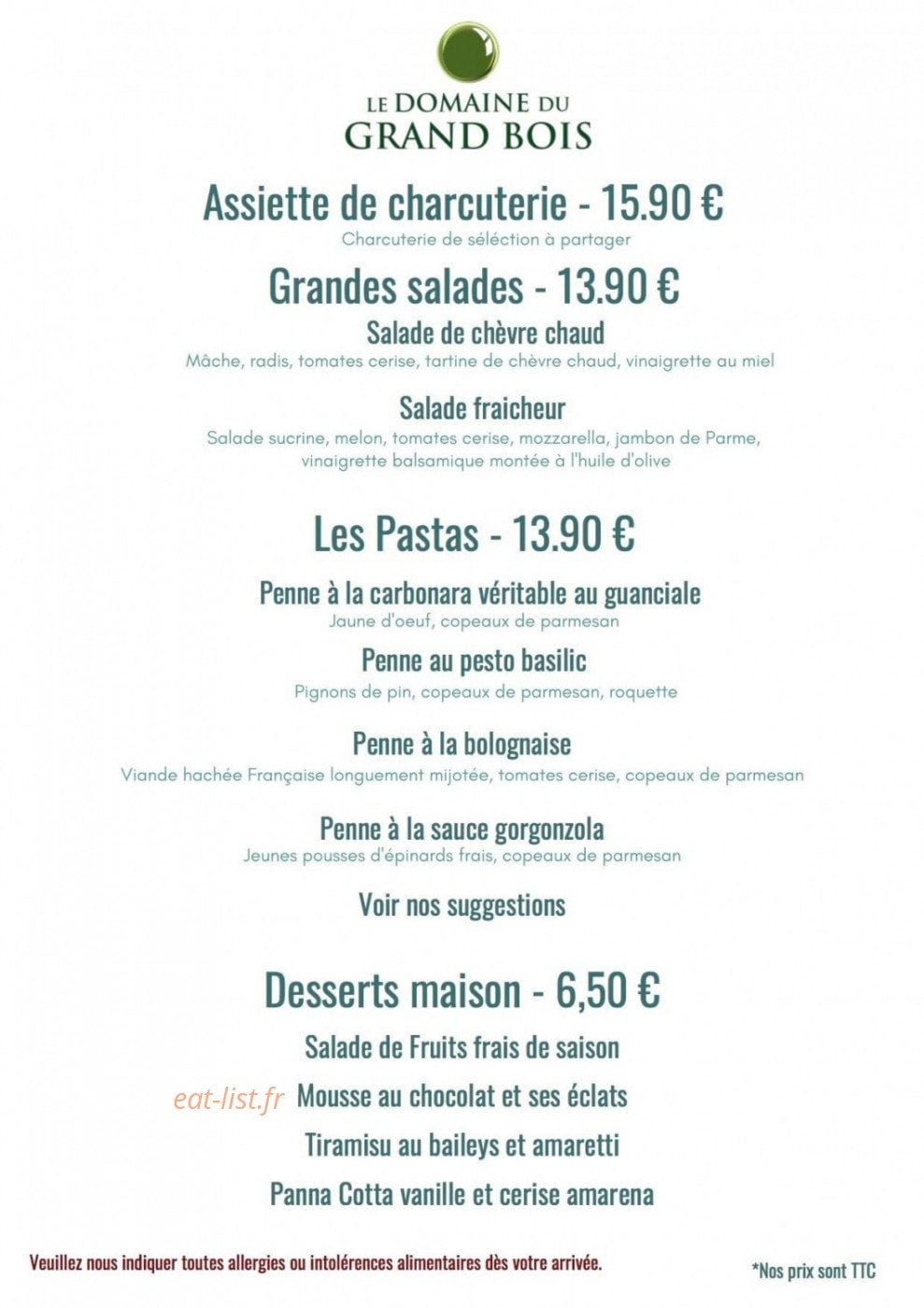 Le restaurant du Grand Bois — carte page 1
