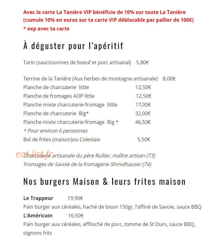 Carte et menu de La Tanière des enragés à Varennes Vauzelles — À déguster pour l’apéritif et burgers maisons