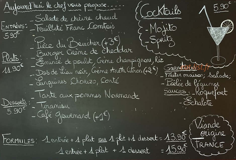Carte et menu de Le Coul En Joie à Coulanges les Nevers — Un exemple d' ardoise