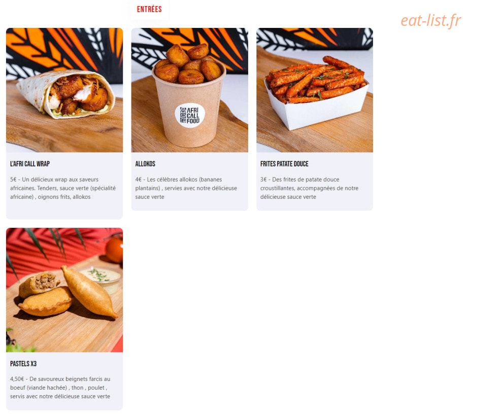 Afri Call Food — carte page 1