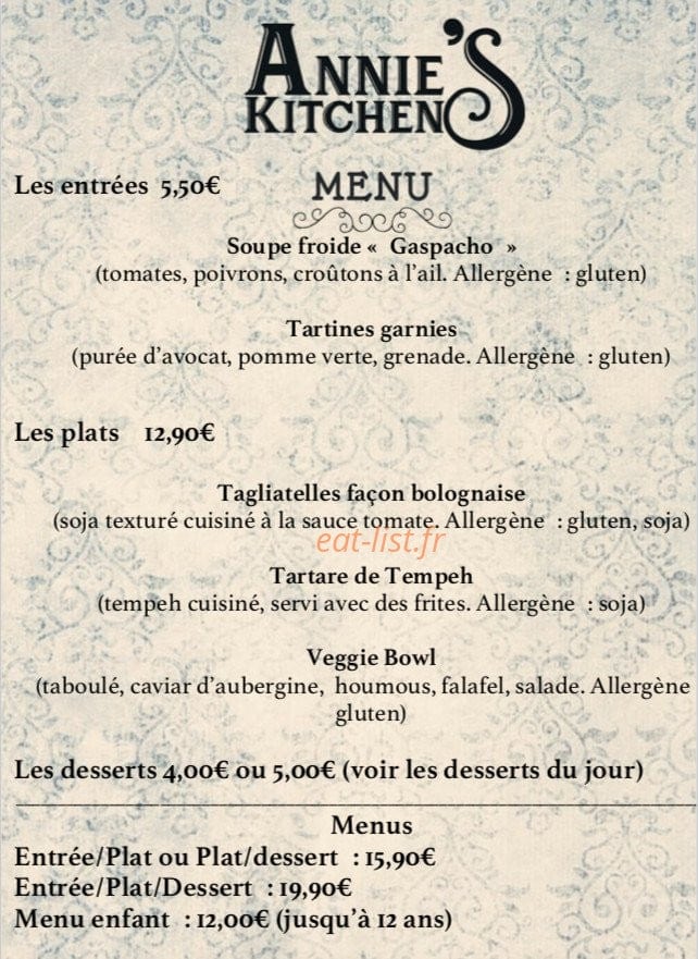 Annie's Kitchen — carte page 1
