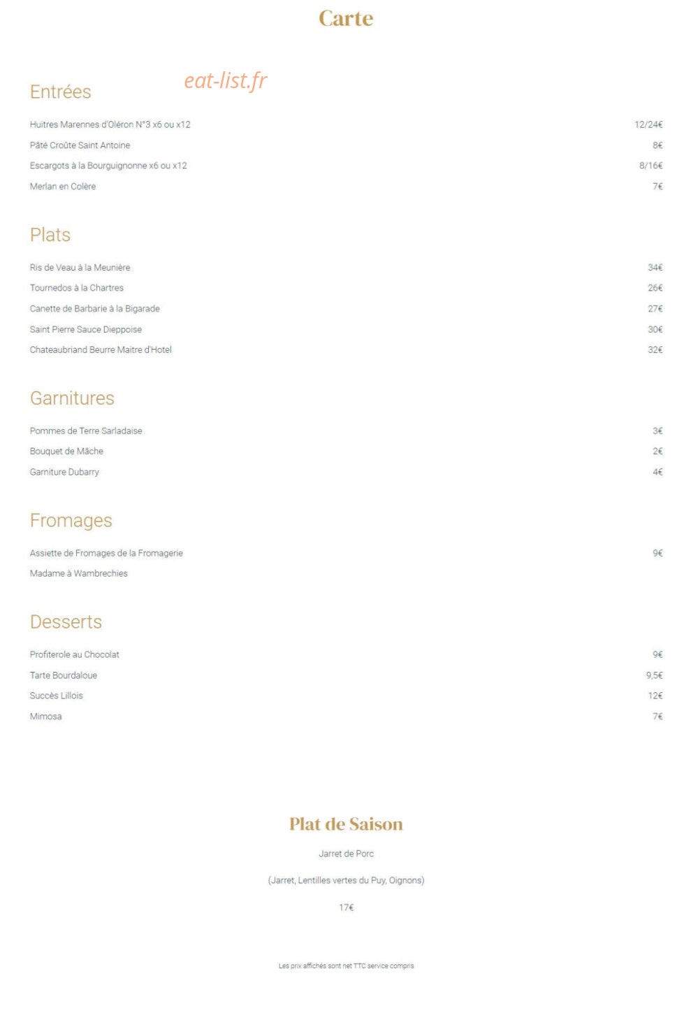 Brasserie Dufour — carte page 1
