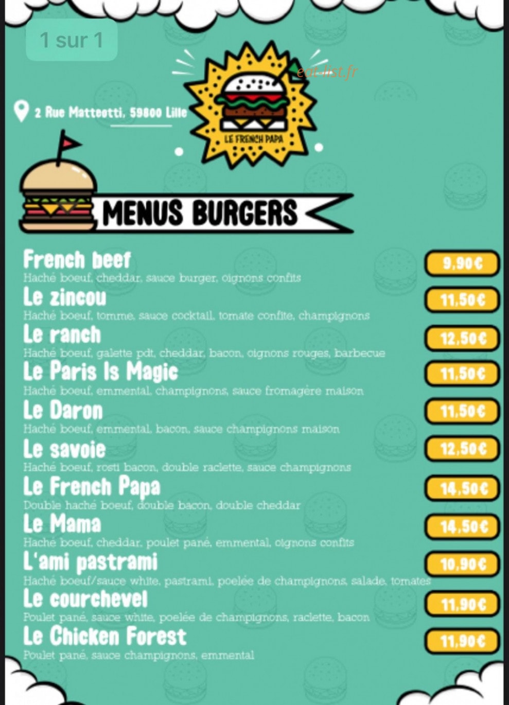 French Papa burgers — carte page 1