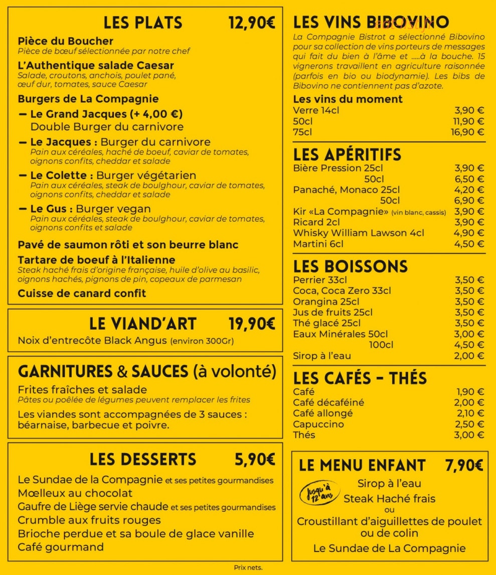 La Compagnie Bistrot — carte page 1