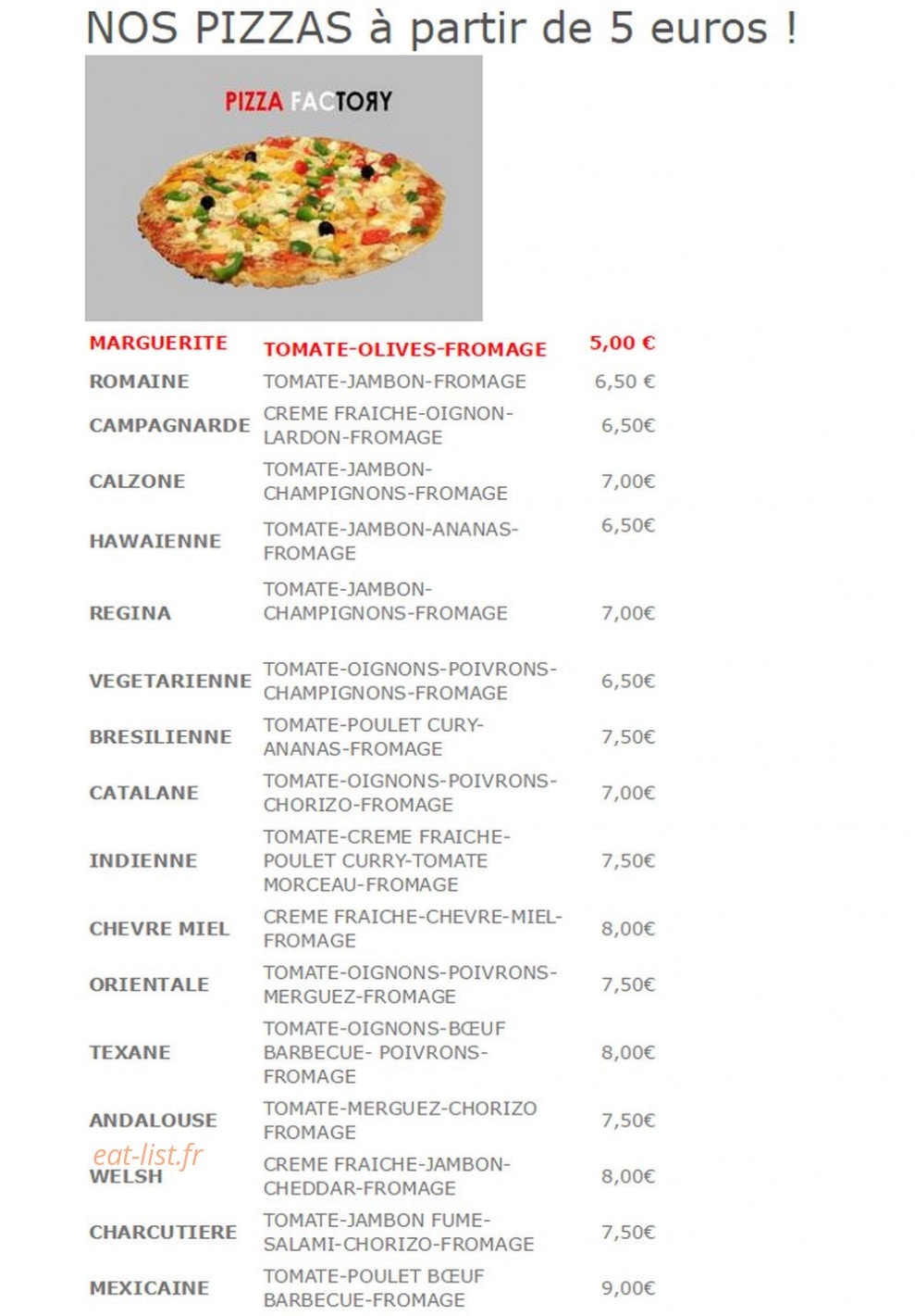 Pizza Factory — carte page 1
