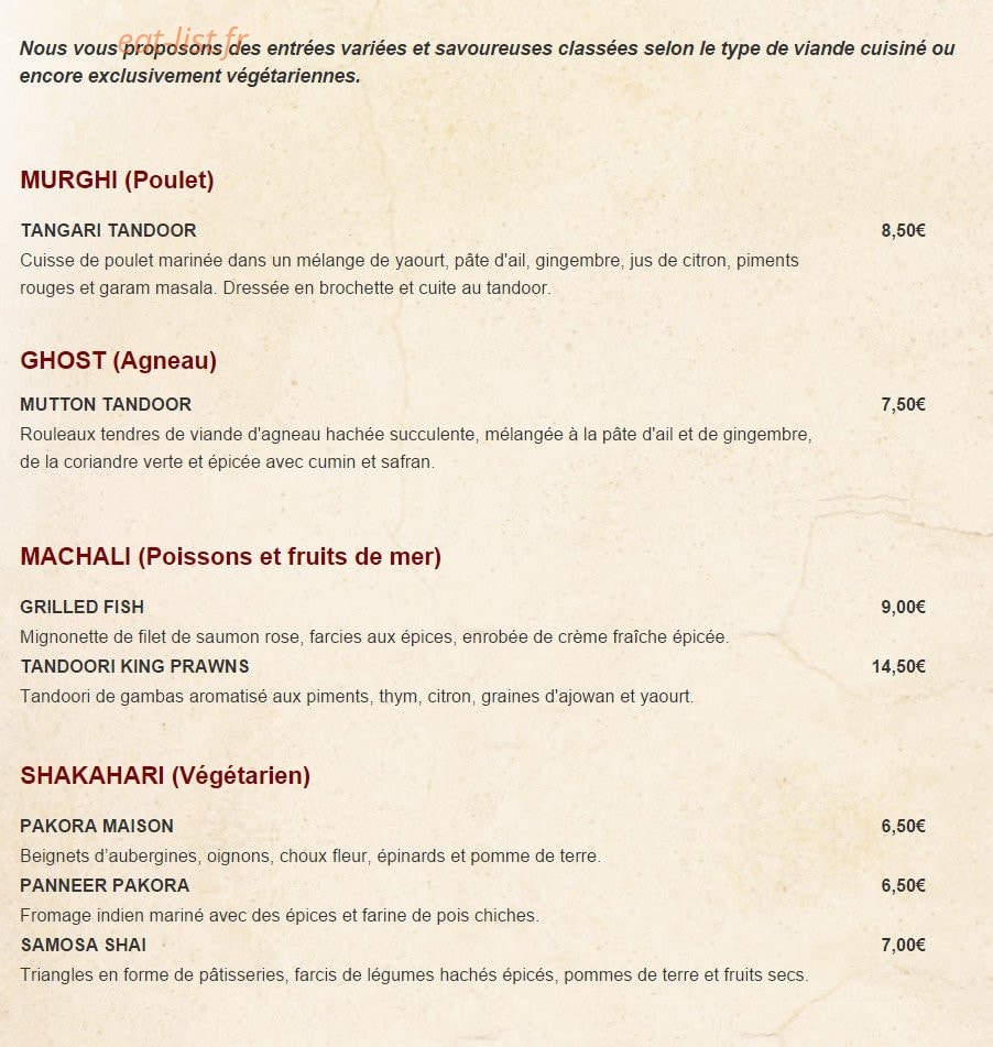 Saveurs de l'Inde — carte page 1