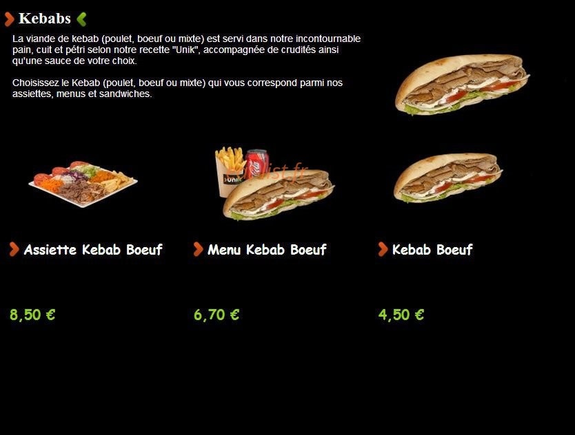 Unik kebab — carte page 1