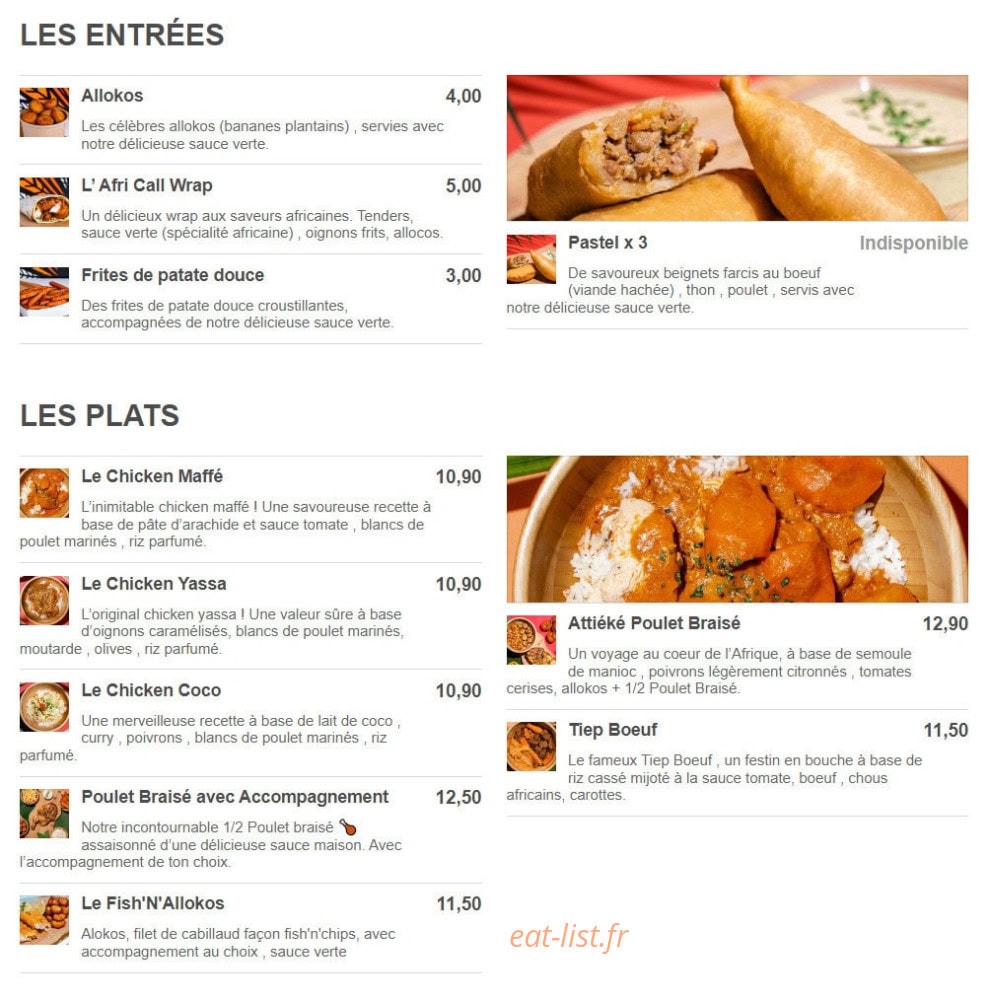 Afri Call Food — carte page 1