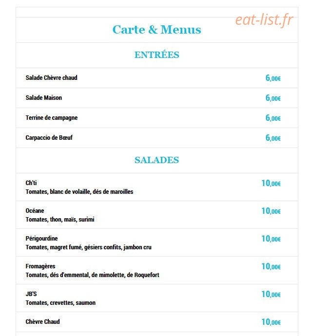 Jb's Pub — carte page 1