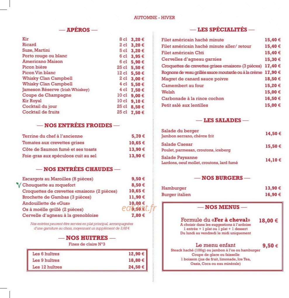 Restaurant Le Fer à Cheval Menu Le Fer à Cheval à Roubaix - menu et photos