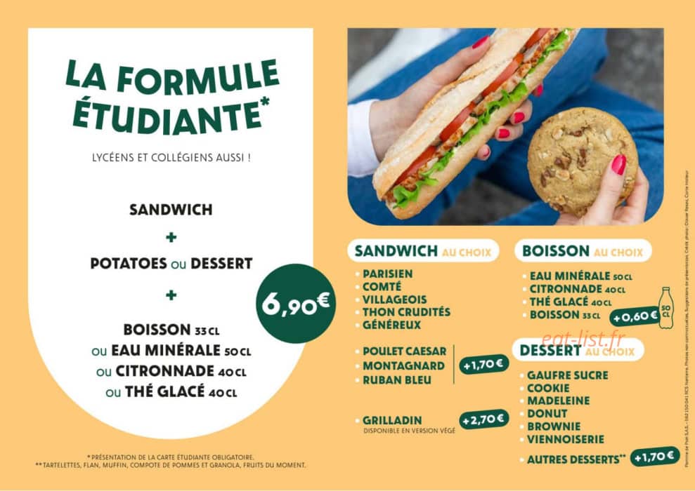 Carte et menu de Pomme de Pain à Steenvoorde — Formule etudiante, sandwiches...